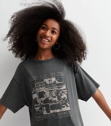 Girls Dark Grey Cotton Acid Wash Los Angeles Logo Long T-Shirt New Look