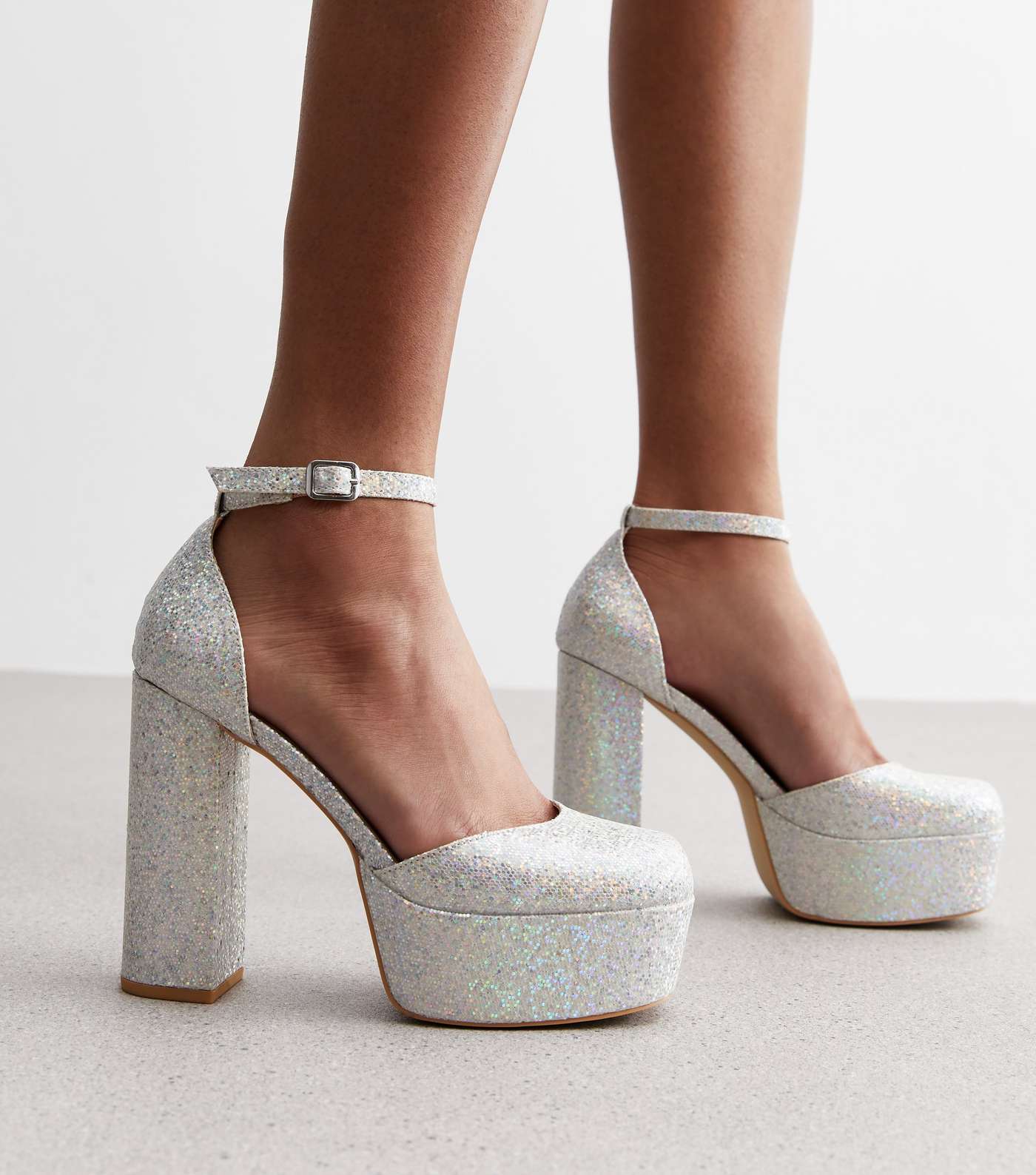 Silver Glitter Platform Block Heel Court Shoes Image 2