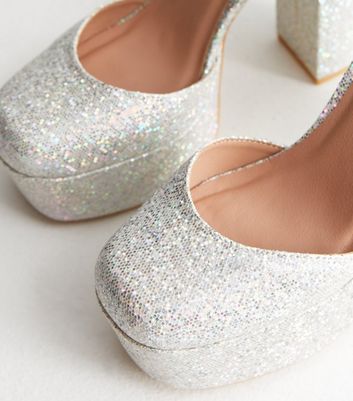 Silver Glitter Platform Block Heel Court Shoes New Look