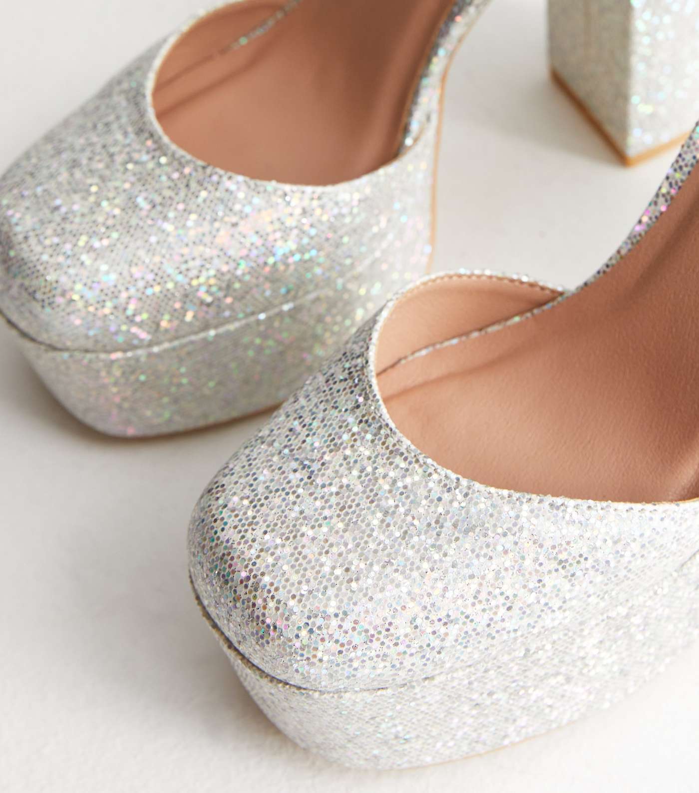 Silver Glitter Platform Block Heel Court Shoes Image 4