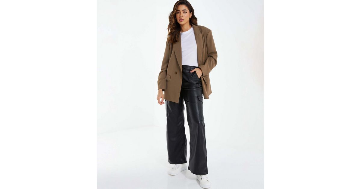 QUIZ Black Leather-Look Cargo Trousers | New Look