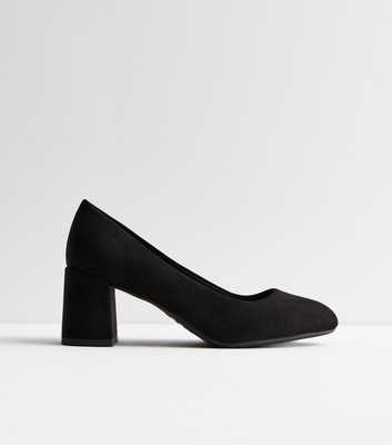 Wide Fit Black Suedette Block Heel Court Shoes