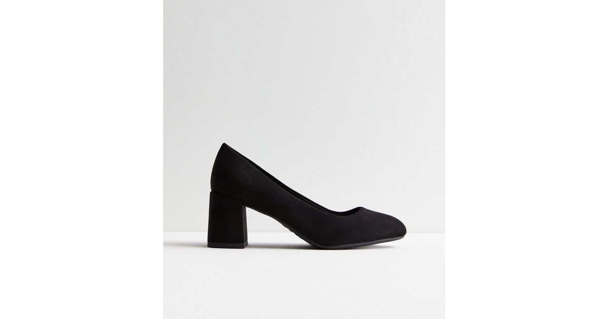 Wide Fit Black Suedette Block Heel Court Shoes | New Look