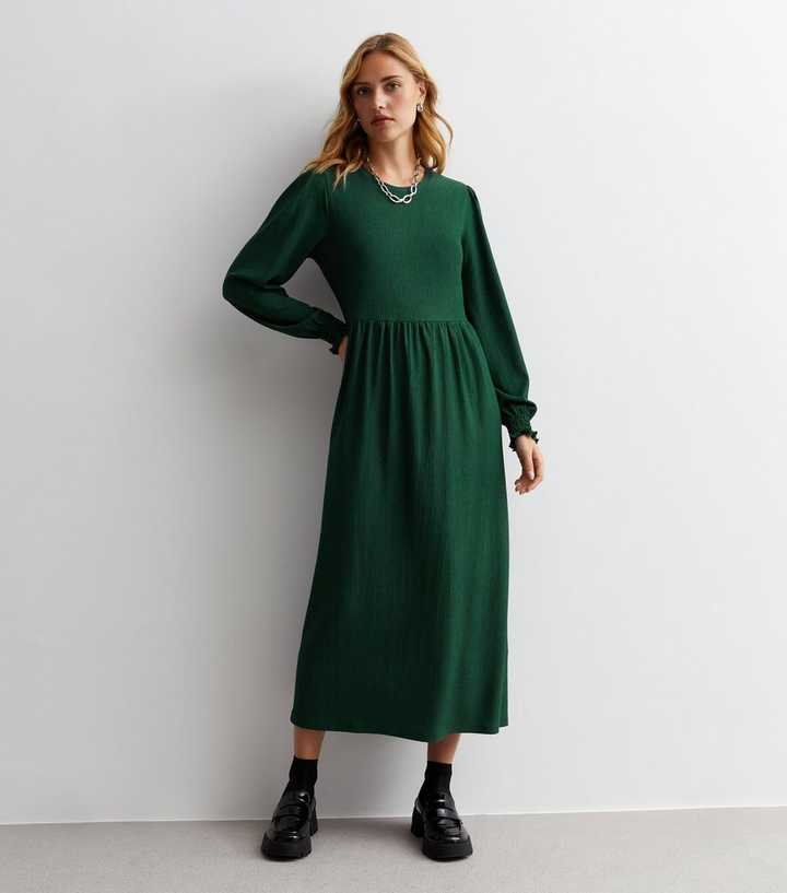Dark Green Crinkle Jersey Long Sleeve Midaxi Smock Dress Dark Green Crinkle Jersey Long Sleeve Midaxi Smock Dress