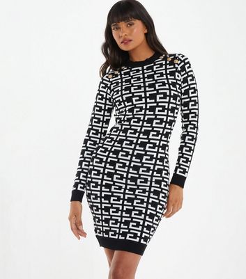 QUIZ Black Geometric Knit Bodycon Mini Dress New Look