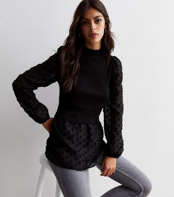 Black Ribbed Knit Spot Sleeve 2-in-1 Top New Look