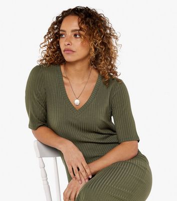 Apricot Khaki Ribbed Bodycon Midaxi Dress | New Look