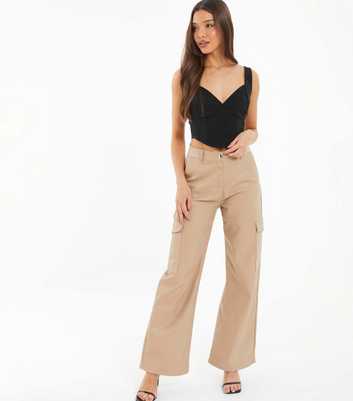 QUIZ Stone Leather-Look Wide Leg Cargo Trousers