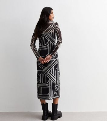 Black Abstract Stripe Mesh Midaxi Dress | New Look