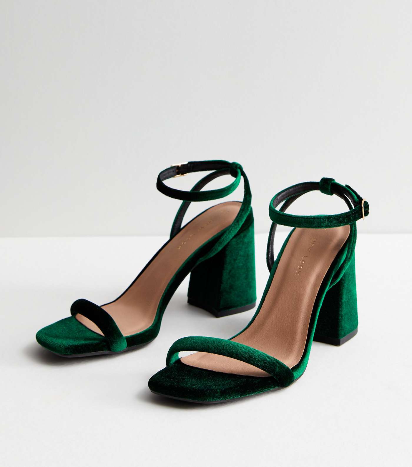 Dark Green Velvet 2 Part Block Heel Sandals