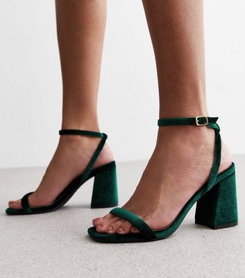 Green velvet block store heels