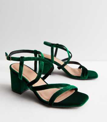Wide Fit Dark Green Velvet Strappy Block Heel Sandals