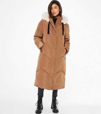 QUIZ Camel Faux Fur Hooded Parka Coat New Look