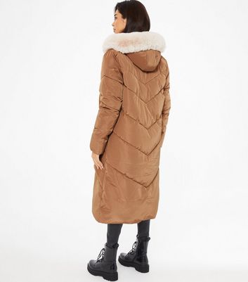 QUIZ Camel Faux Fur Hooded Parka Coat New Look