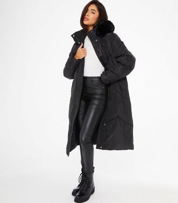 QUIZ Black Faux Fur Hooded Parka Coat New Look