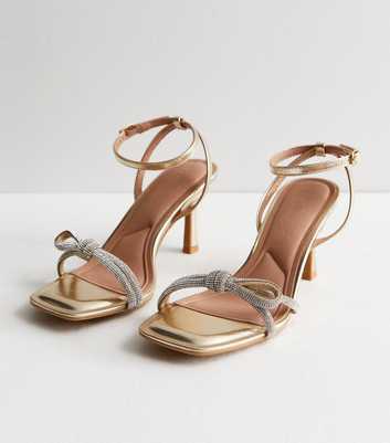 Wide Fit Gold Diamanté Bow Stiletto Heel Sandals