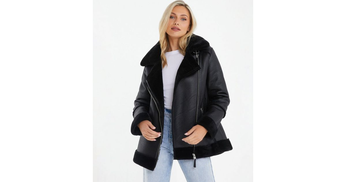 QUIZ Black Teddy Trim Collared Aviator Jacket | New Look