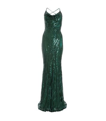 QUIZ Dark Green Sequin Strappy Maxi Dress New Look