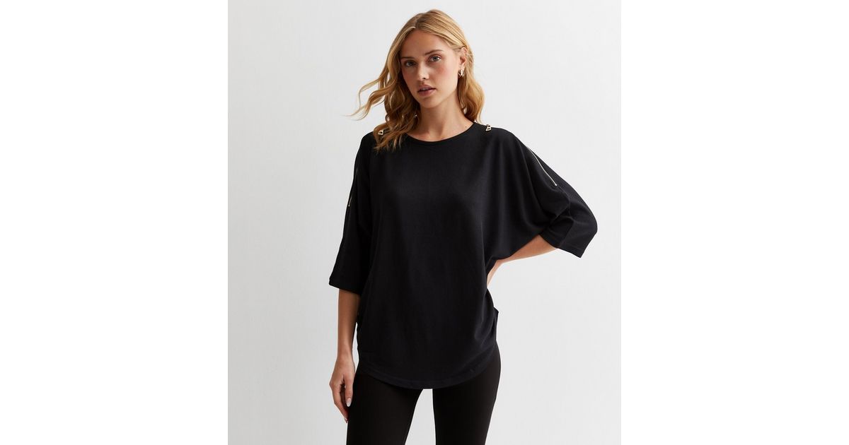 Black Knit Zip Shoulder Batwing Top | New Look