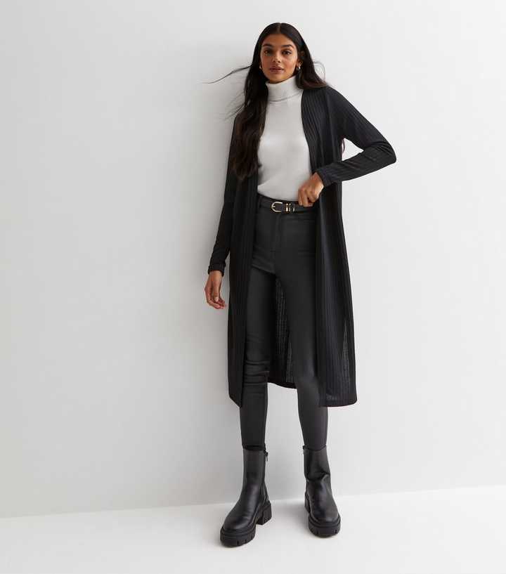 Black Ribbed Fine Knit Long Cardigan
