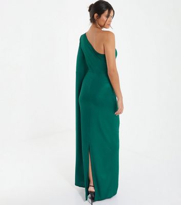 QUIZ Dark Green Satin One Shoulder Maxi Dress New Look