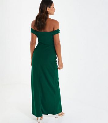 QUIZ Dark Green Bardot Wrap Maxi Dress New Look