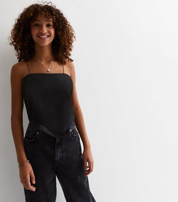 Black satin strappy store top