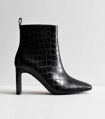 Black Faux Croc Stiletto Heel Boots