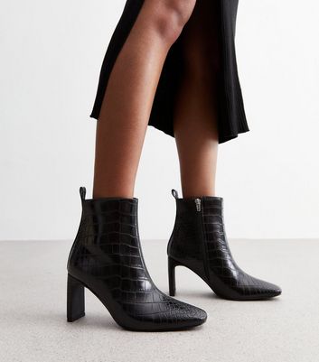 Black Faux Croc Stiletto Heel Boots New Look
