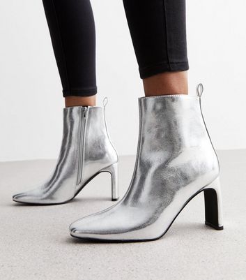 Silver Slim Block Heel Boots New Look