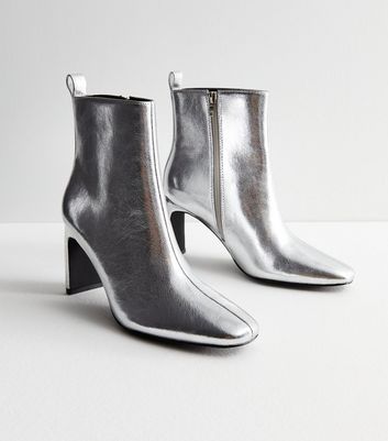 Silver Slim Block Heel Boots New Look