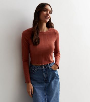 Rust Ribbed Frill Long Sleeve Top New Look