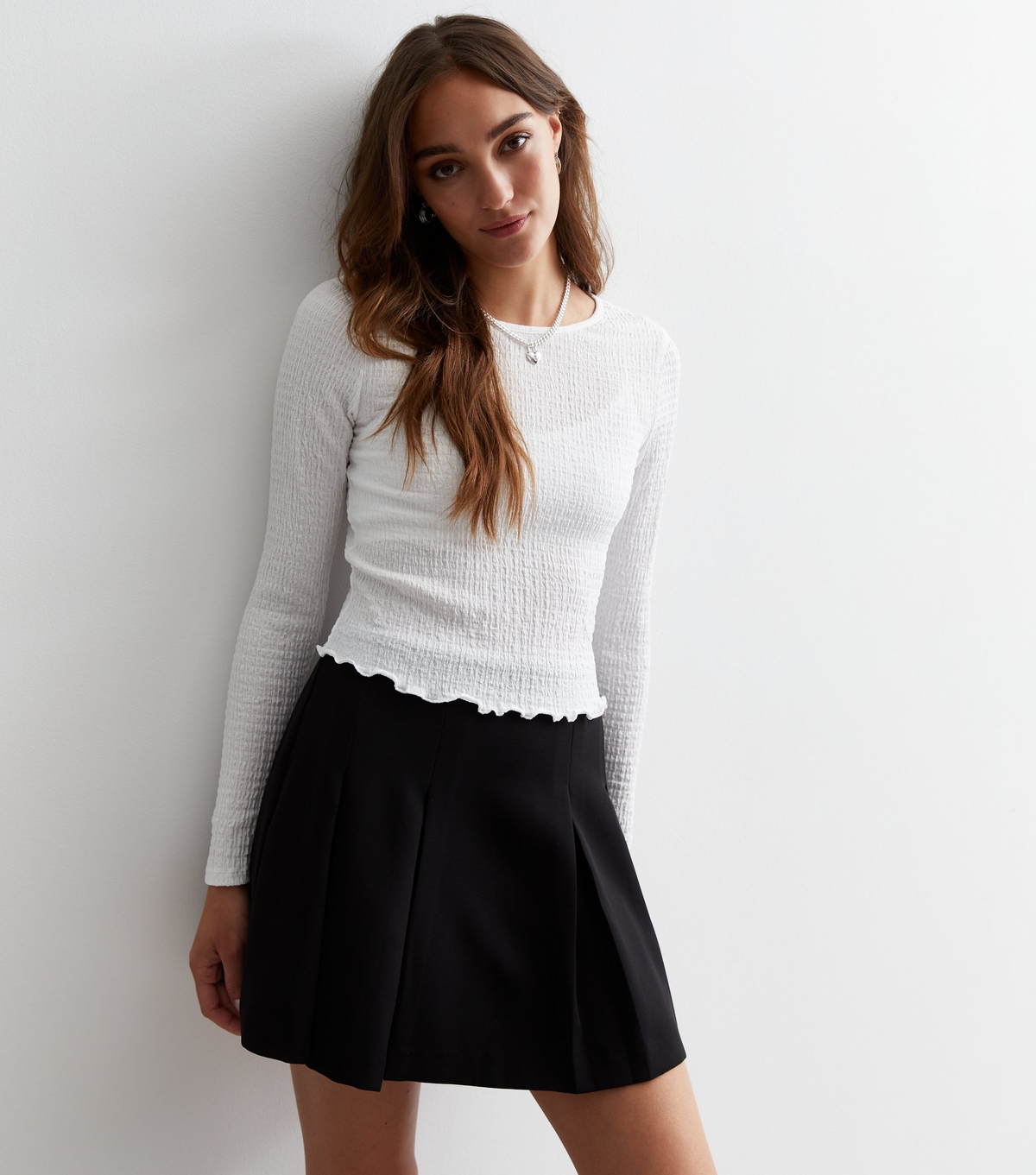 Women's Cream Textured Frill Hem Long Sleeve Top New Look