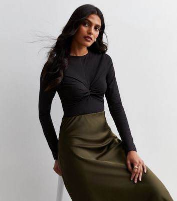 Black Long Sleeve One Shoulder Twist Bodysuit