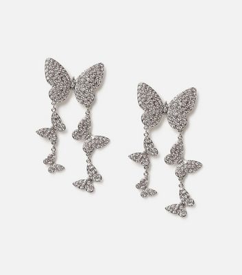 Freedom Silver Diamant Butterfly Drop Earrings New Look