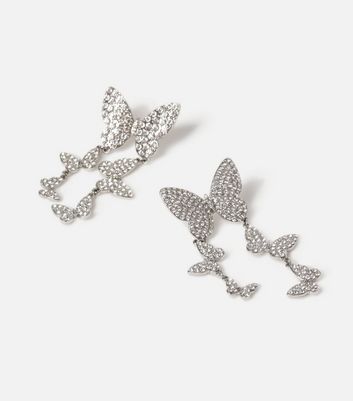 Freedom Silver Diamante Butterfly Drop Earrings New Look