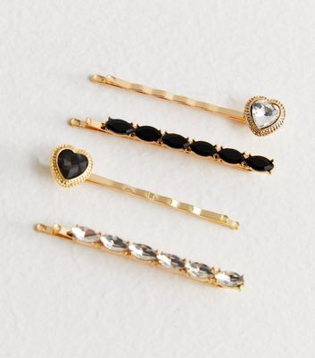 4 Pack Gold Mixed Diamante Heart Hair Slides New Look