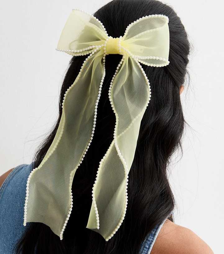 Pale Yellow Organza Faux Pearl Bow Barette Hair Clip