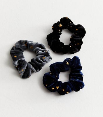 3 Pack Black Blue and Grey Star Velvet Scrunchies New Look
