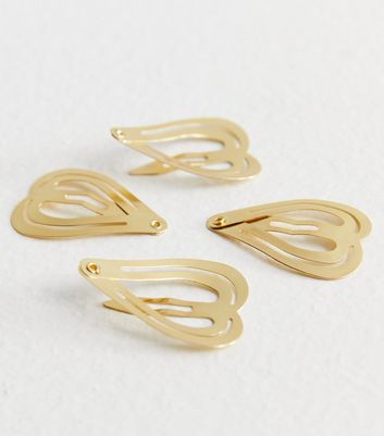 4 Pack Gold Heart Hair Clips New Look