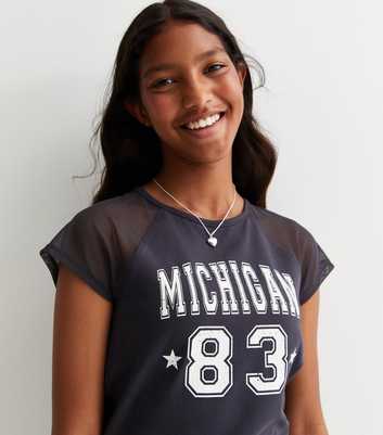 Girls Dark Grey Michigan Logo Mesh Sleeve T-Shirt