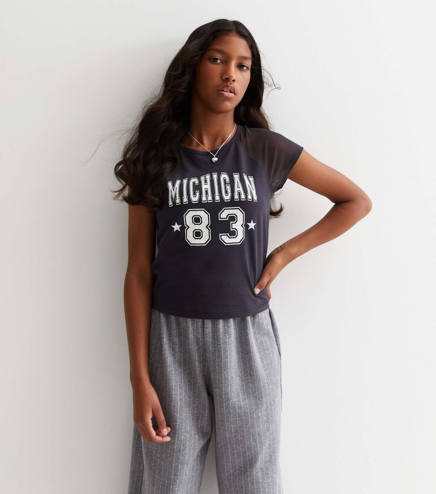 Girls Dark Grey Michigan Logo Mesh Sleeve T-Shirt Image 2