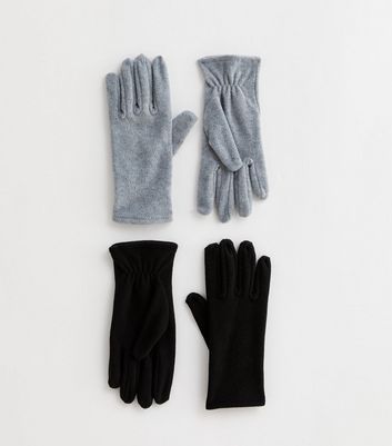 2 Pack Black and Grey Fleece Gloves New Look