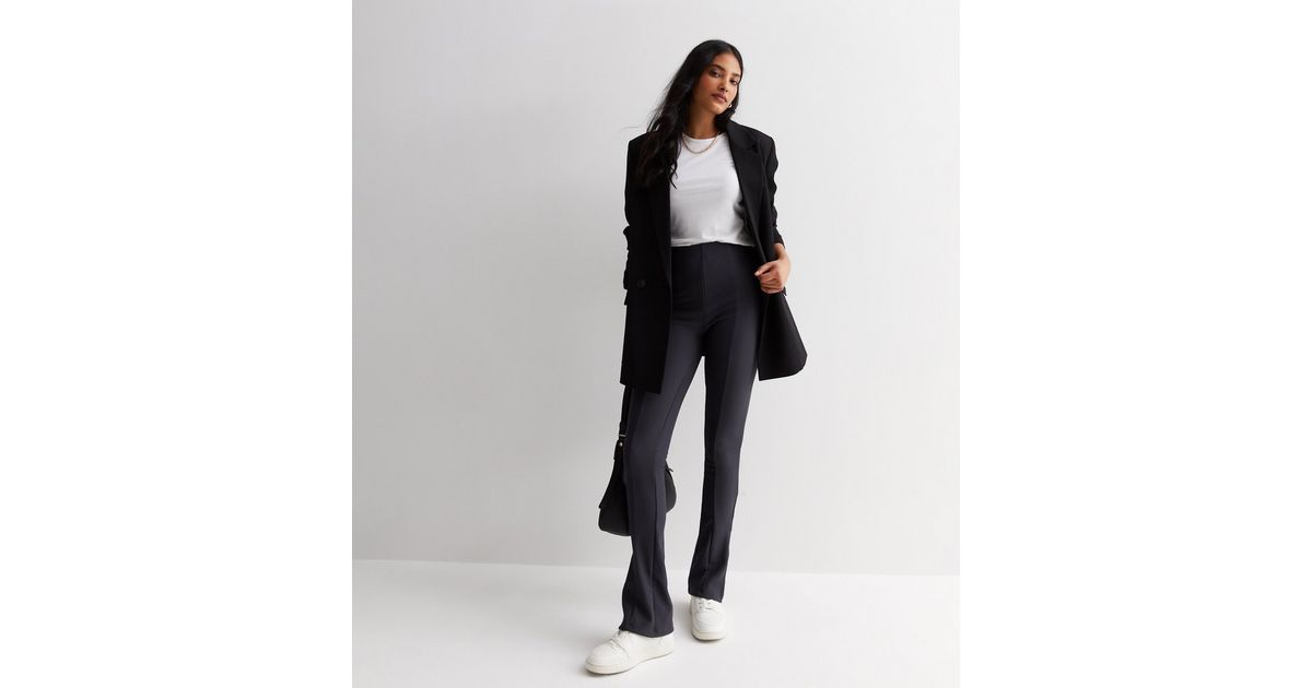 Dark Grey Ribbed Split Hem Flared Leggings New Look