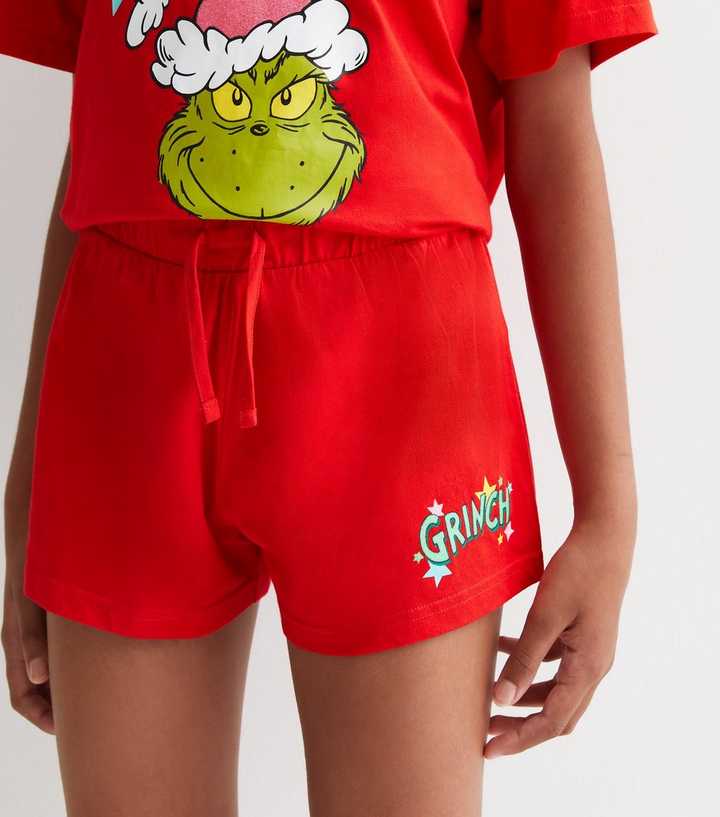 Girls Red Short Family Pyjama Set with Grinch Print