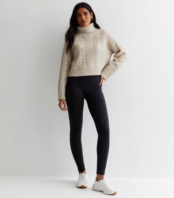Black Cable Knit Leggings New Look