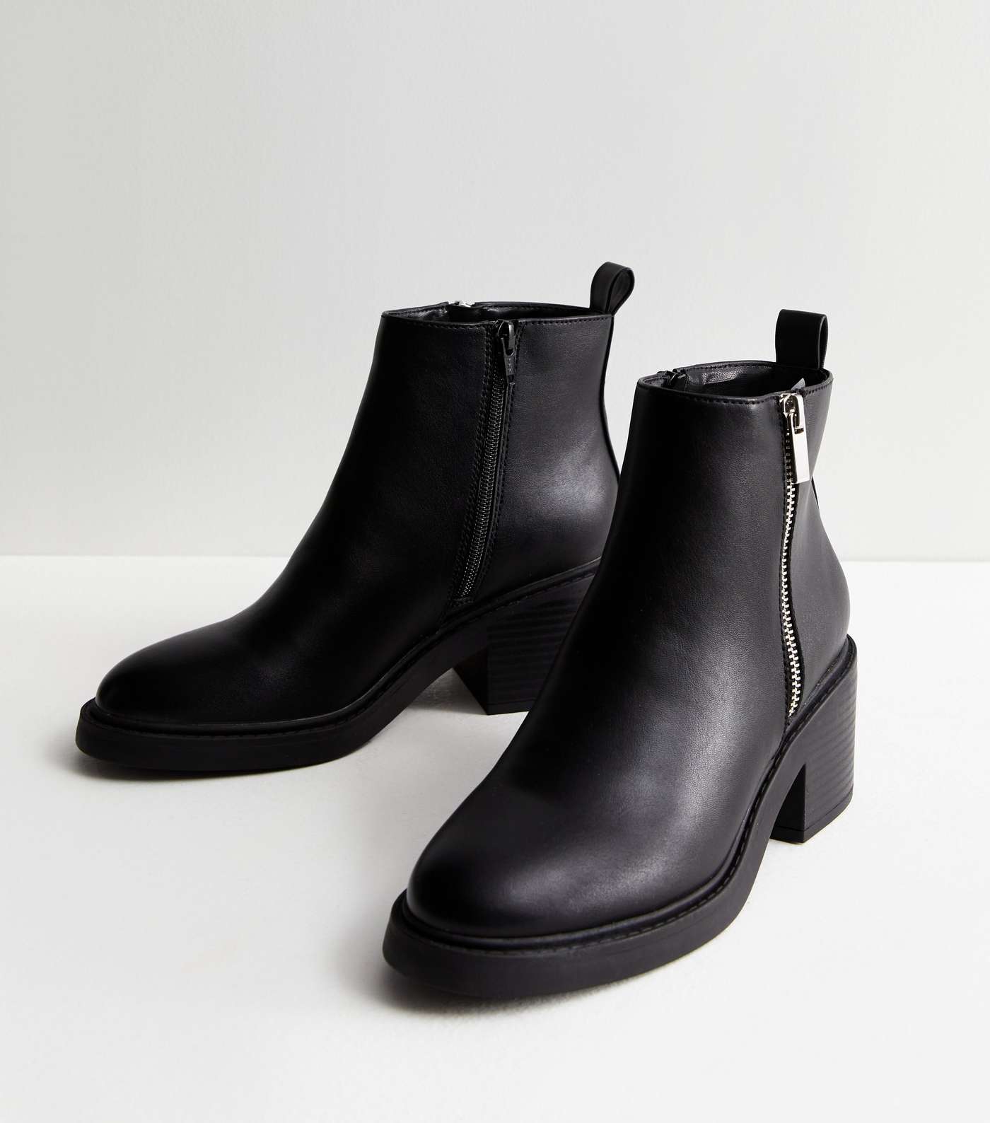 Black Leather-Look Zip Side Chunky Boots Image 3