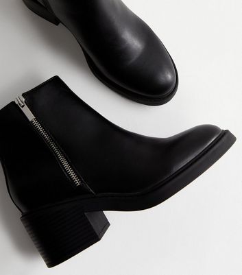 Black Leather-Look Zip Side Chunky Boots New Look