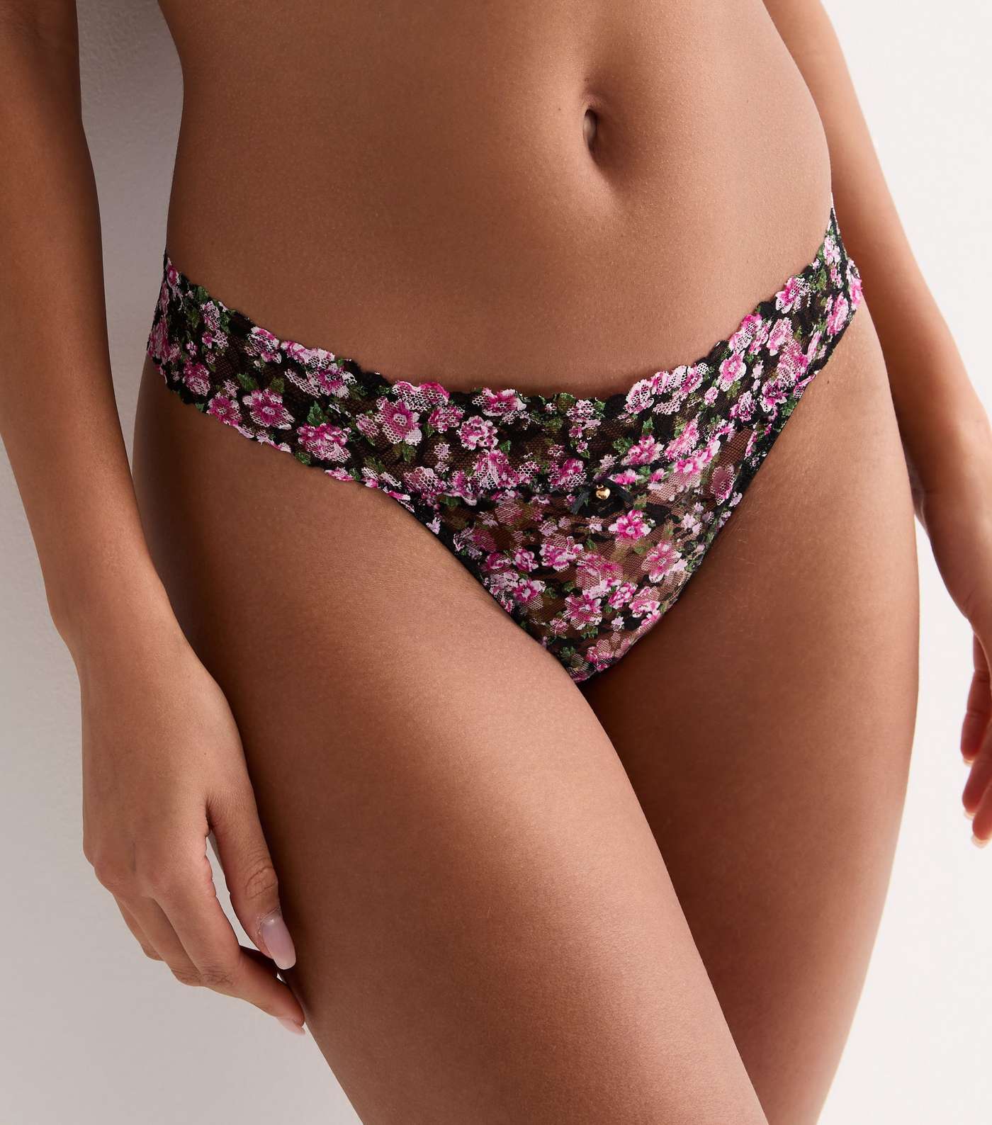 2 Pack Floral Print and Black Lace Tanga Thongs Image 3