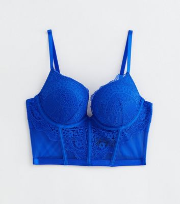 Blue Lace Push Up Corset Bra New Look